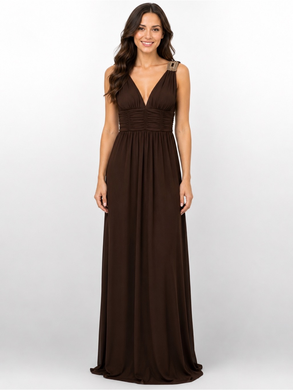 Morgan & Co Brown Grecian Goddess Formal Gown Beaded Shoulders NWT Size Small